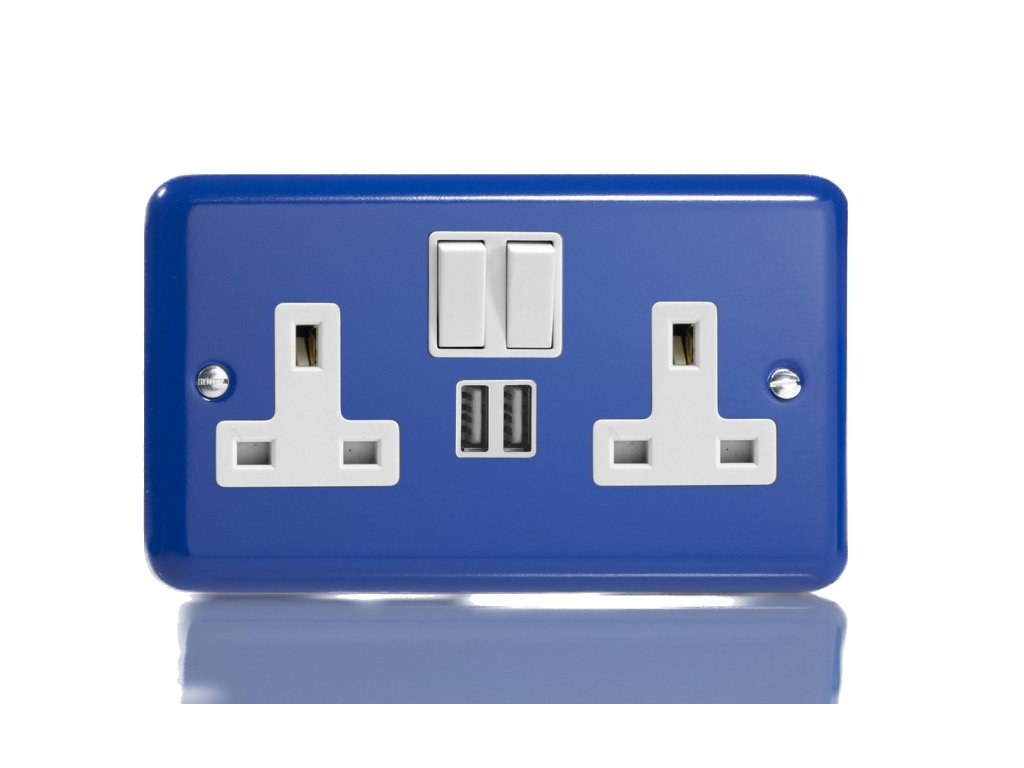 Designová zásuvka Síťová zásuvka MAINS SOCKET - 2-modulový 13A 1-pólový britská zásuvka KLASICKÉ - reflexní modrá / bílá, XY5U2SW.RB