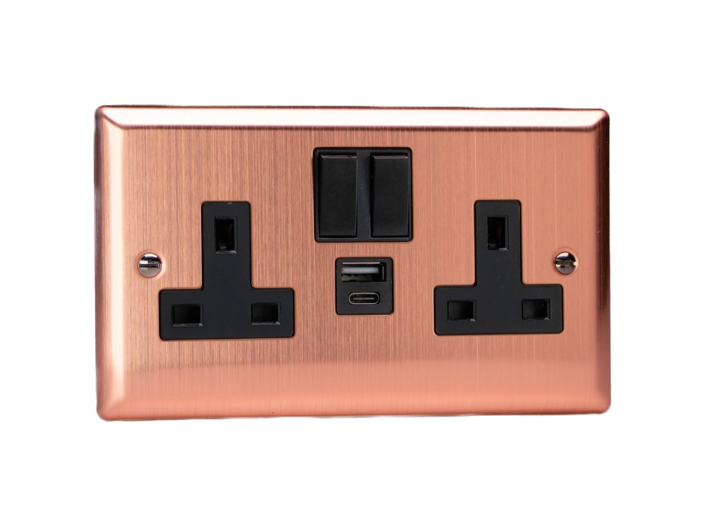 Designová zásuvka Síťová zásuvka MAINS SOCKET - 2-modulový 20 W USB 13A 1-pólový britská zásuvka KLASICKÉ - kartáčovaná měď / černý, XY5UACB.BC