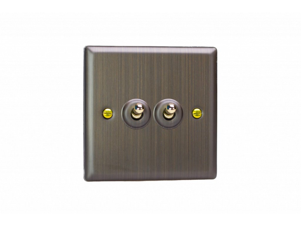 Designový vypínač Páčkový vypínač TOGGLE - 2-modulový schodišťový (č.6); jednosměrný (č.1) 10A 1-pólový KLASICKÉ - starožitná mosaz / mosaz, XYT2.AB