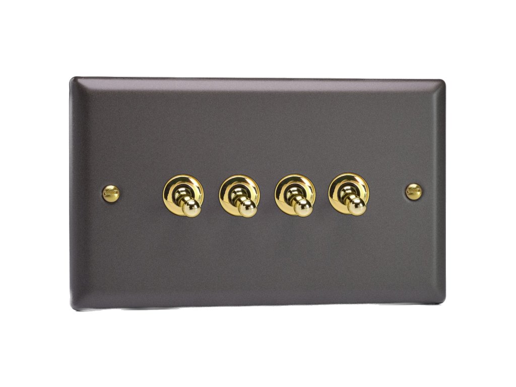 Designový vypínač Páčkový vypínač TOGGLE - 4-modulový schodišťový (č.6); jednosměrný (č.1) 10A 1-pólový KLASICKÉ - břidlice / mosaz, XYT9V.SL