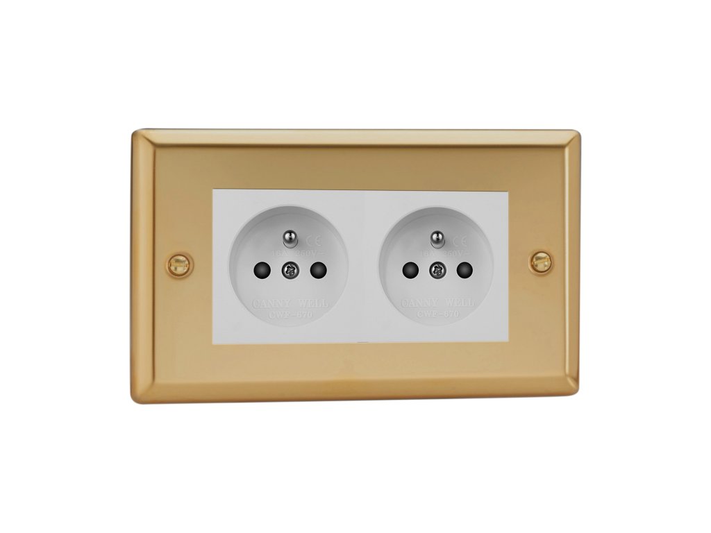 Klasický - Leštěná mosaz 2-Síťová zásuvka MAINS SOCKET - PIN CZ modul 16A do rámečků DataGrid (2 místa) - černá (Barva vnitřku Bílá, Verze Česká)