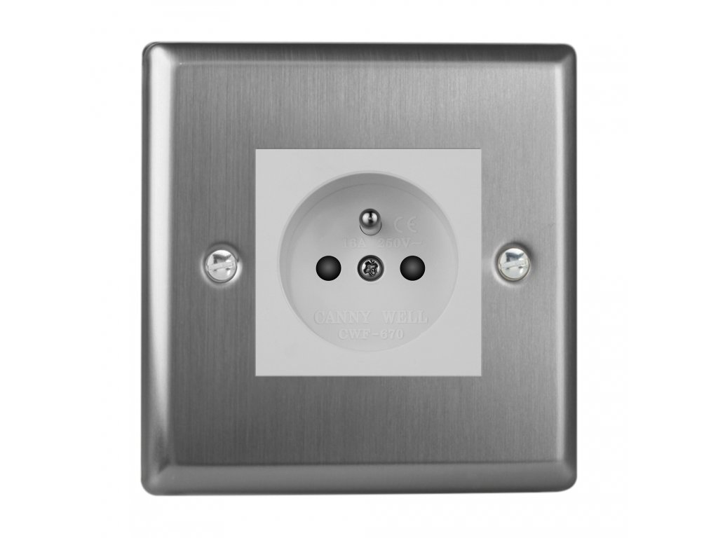 Klasický - Kartáčovaná ocel 1-Síťová zásuvka MAINS SOCKET - PIN CZ modul 16A do rámečků DataGrid (2 místa) - černá (Barva vnitřku Bílá, Verze Česká)