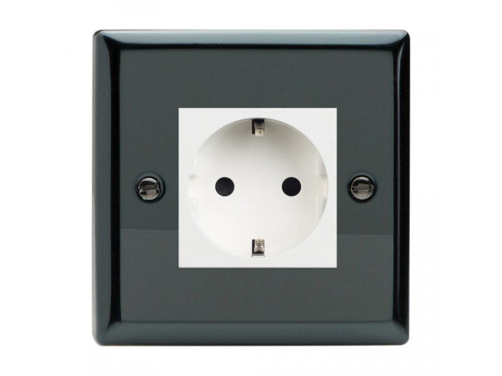 Klasický - Černé (lesklé) Iridium 1-Síťová zásuvka MAINS SOCKET - PIN CZ modul 16A do rámečků DataGrid (2 místa) - černá