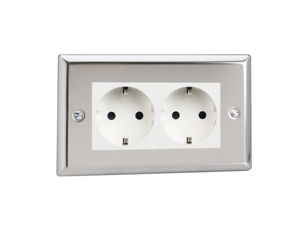 Klasický - leštěný chrom 2 - Síťová zásuvka MAINS SOCKET - SCHUKO modul 16A do rámečků DataGrid (2 místa) (Barva vnitřku Bílá, Verze Německá)