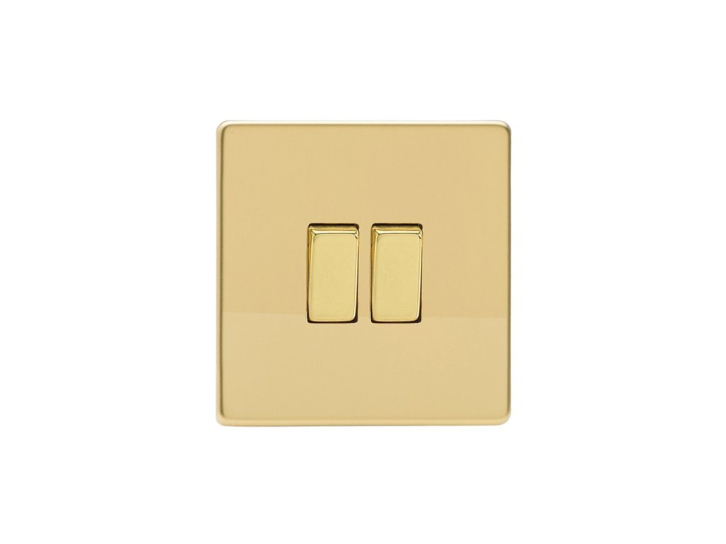 Designový vypínač Kolébkový vypínač ROCKER - 2-modulový schodišťový (č.6); jednosměrný (č.1) 10A 1-pólový BEZŠROUBKOVÉ - leštěná mosaz / mosazné kolébky, rocker XDV2S screwless polished brass