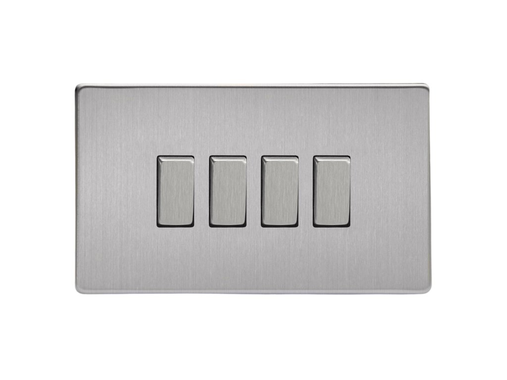 Designový vypínač Kolébkový vypínač ROCKER - 4-modulový schodišťový (č.6); jednosměrný (č.1) 10A 1-pólový BEZŠROUBKOVÉ - kartáčovaná ocel / ocelové kolébky, XDS9S