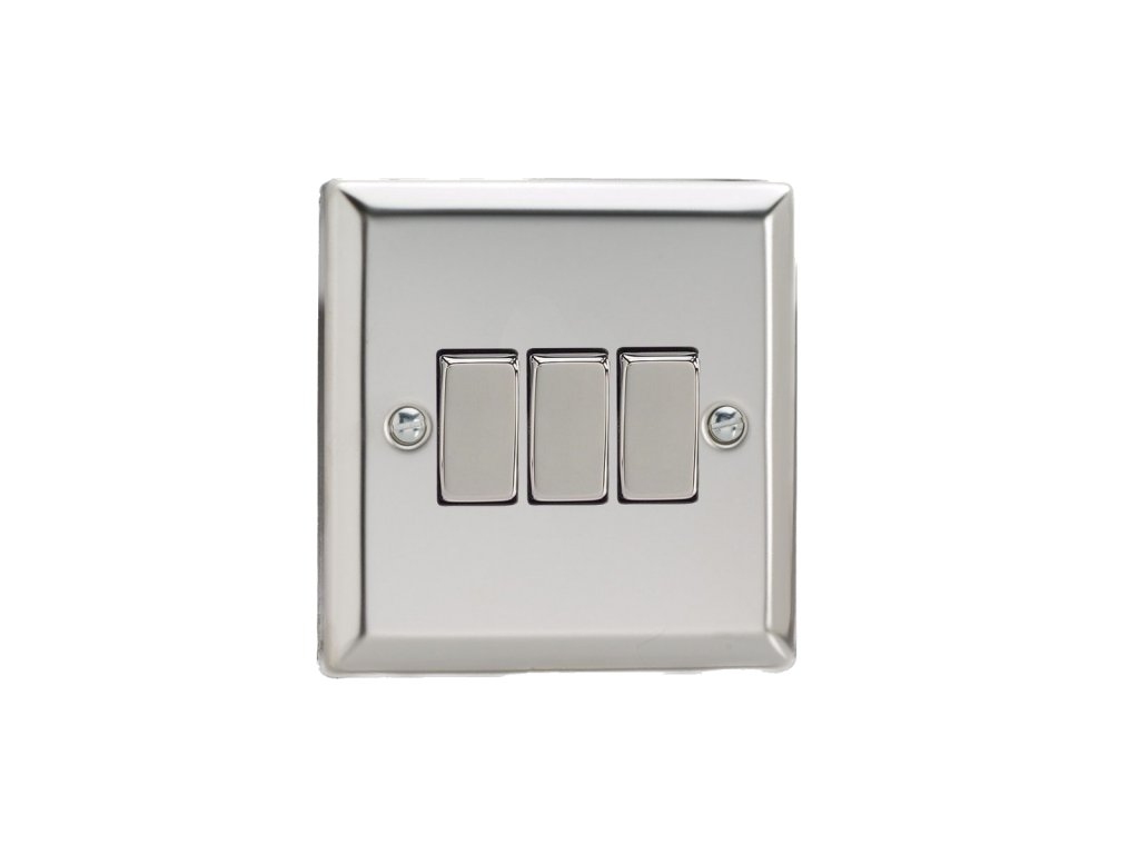 Designový vypínač Kolébkový vypínač ROCKER - 3-modulový schodišťový (č.6); jednosměrný (č.1) 10A 1-pólový KLASICKÉ - leštěný chrom / chromové kolébky, XC3D