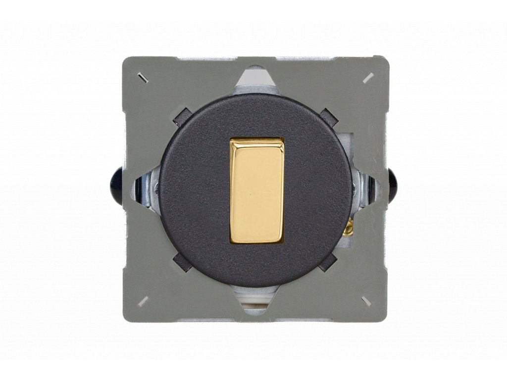 Designový vypínač Kolébkový vypínač ROCKER - 1-modulový schodišťový (č.6); jednosměrný (č.1) 10A 1-pólový MODULÁRNÍ - matně černá / mosazná kolébka, Z1EG1YV.MB