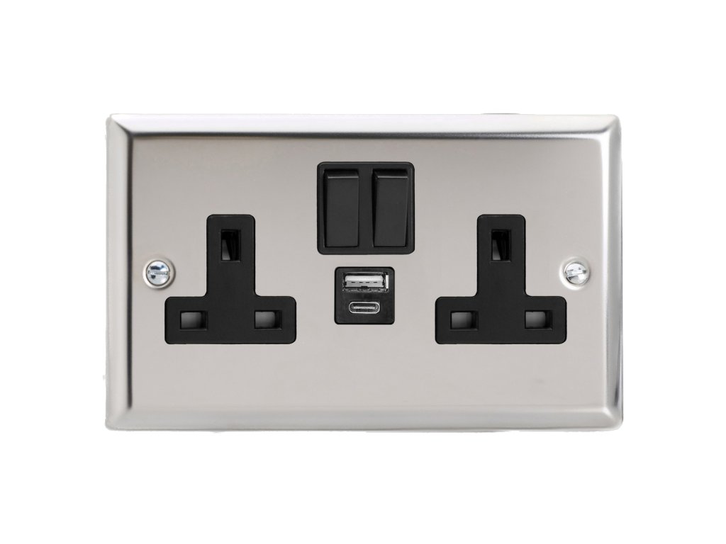 Designová zásuvka Síťová zásuvka MAINS SOCKET - 2-modulový 20 W USB 13A 1-pólový britská zásuvka KLASICKÉ - leštěný chrom / černý, XC5UACB