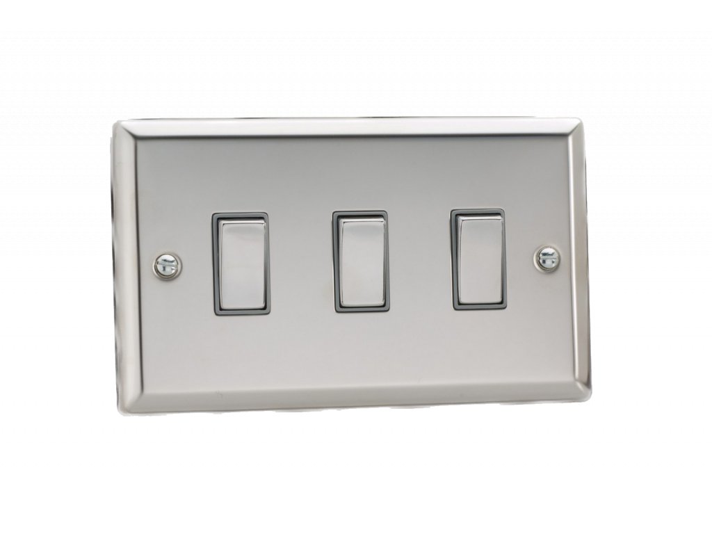 Designový vypínač Kolébkový vypínač ROCKER - 3-modulový schodišťový (č.6); jednosměrný (č.1) 10A 1-pólový KLASICKÉ - leštěný chrom / chromové kolébky, XC93D