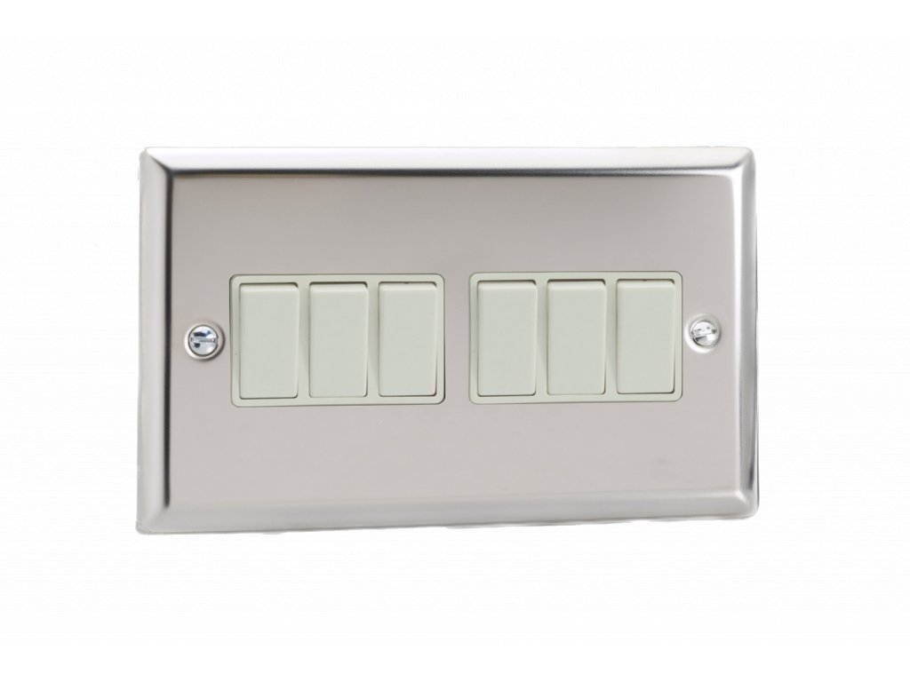 Designový vypínač Kolébkový vypínač ROCKER - 6-modulový schodišťový (č.6); jednosměrný (č.1) 10A 1-pólový KLASICKÉ - leštěný chrom / bílé kolébky, XC96W