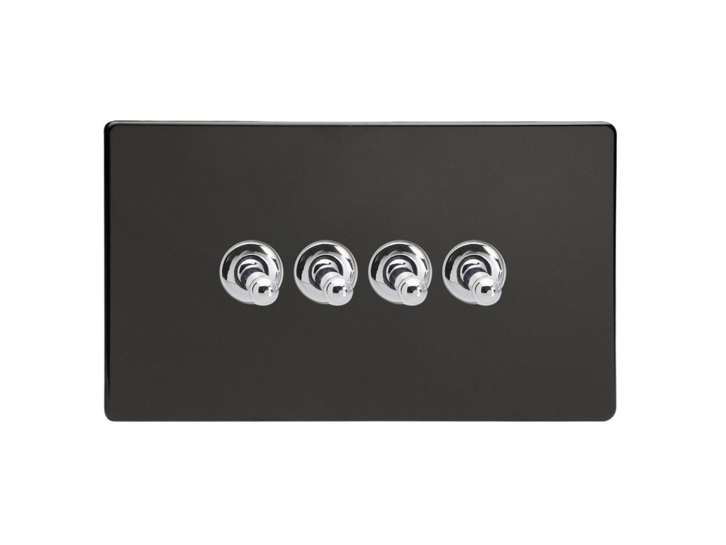 Designový vypínač Páčkový vypínač TOGGLE - 4-modulový schodišťový (č.6); jednosměrný (č.1) 10A 1-pólový BEZŠROUBKOVÉ - prémiová černá / chromové páčky, XDLT9S