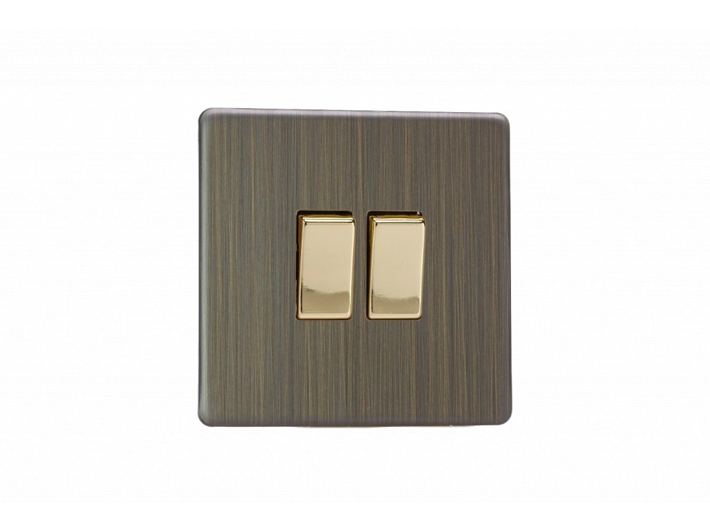 Designový vypínač Kolébkový vypínač ROCKER - 2-modulový schodišťový (č.6); jednosměrný (č.1) 10A 1-pólový BEZŠROUBKOVÉ - starožitná mosaz / mosaz, XDY2S.AB