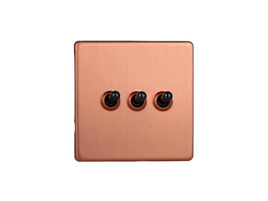 Designový vypínač Páčkový vypínač TOGGLE - 3-modulový schodišťový (č.6); jednosměrný (č.1) 10A 1-pólový BEZŠROUBKOVÉ - kartáčovaná měď / černé (lesklé) iridium, XDYT3S.BC