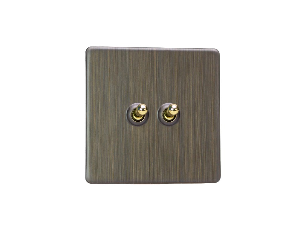 Designový vypínač Páčkový vypínač TOGGLE - 2-modulový schodišťový (č.6); jednosměrný (č.1) 10A 1-pólový BEZŠROUBKOVÉ - starožitná mosaz / mosaz, XDYT2S.AB