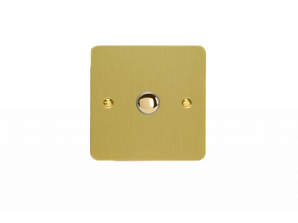 Designový vypínač Tlačítkový vypínač IMPULSE - 1-modulový schodišťový (č.6); jednosměrný (č.1) 6A 1-pólový ULTRAPLOCHÉ - kartáčovaná mosaz / mosazné tlačítko, XFBP1