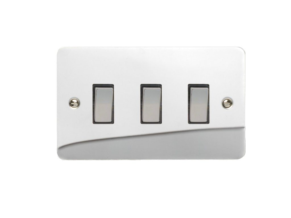 Designový vypínač Kolébkový vypínač ROCKER - 3-modulový schodišťový (č.6); jednosměrný (č.1) 10A 1-pólový ULTRAPLOCHÉ - leštěný chrom / chromové kolébky, XFC93D