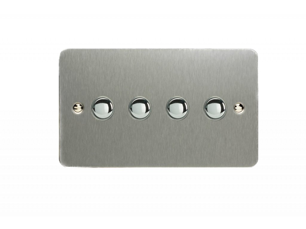 Designový vypínač Tlačítkový vypínač IMPULSE - 4-modulový jednosměrný (č.1) 6A 1-pólový momentový ULTRAPLOCHÉ - kartáčovaná ocel / chromová tlačítka, XFSP4