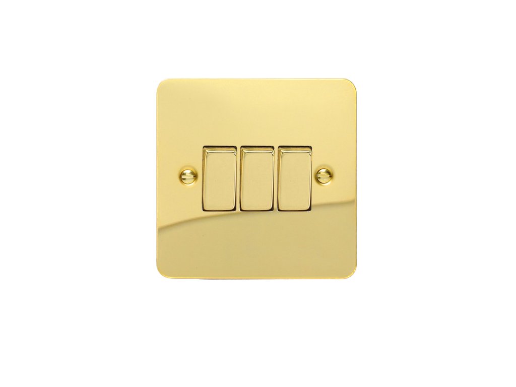 Designový vypínač Kolébkový vypínač ROCKER - 3-modulový schodišťový (č.6); jednosměrný (č.1) 10A 1-pólový ULTRAPLOCHÉ - leštěná mosaz / mosazné kolébky, XFV3D