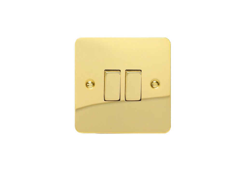 Designový vypínač Kolébkový vypínač ROCKER - 2-modulový schodišťový (č.6); jednosměrný (č.1) 10A 1-pólový ULTRAPLOCHÉ - leštěná mosaz / mosazné kolébky, XFV2D