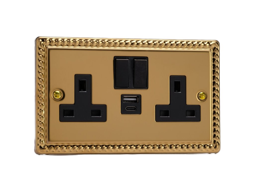 Designová zásuvka Síťová zásuvka MAINS SOCKET - 2-modulový 20 W USB 13A 1-pólový britská zásuvka KLASICKÉ - leštěná mosaz / černý, XG5UACB