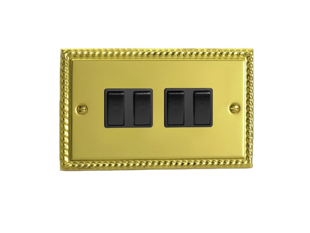 Designový vypínač Kolébkový vypínač ROCKER - 4-modulový schodišťový (č.6); jednosměrný (č.1) 10A 1-pólový KLASICKÉ - leštěná mosaz / černé kolébky, XG9B