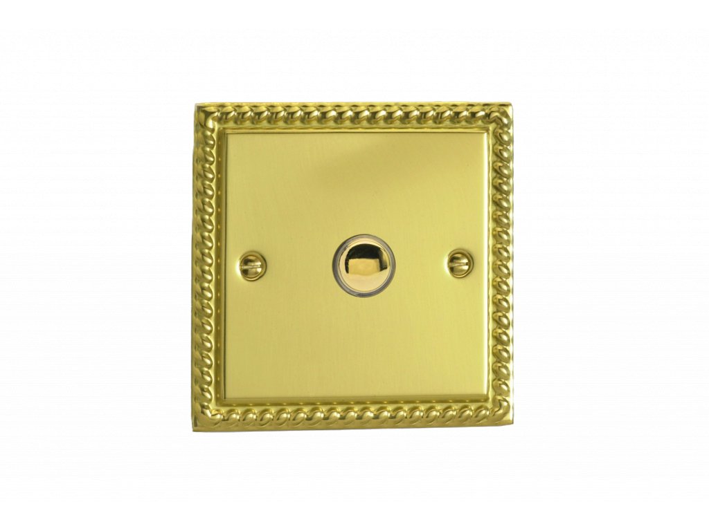 Designový vypínač Tlačítkový vypínač IMPULSE - 1-modulový jednosměrný (č.1) 6A 1-pólový momentový KLASICKÉ - leštěná mosaz / mosazné tlačítko, XGP1