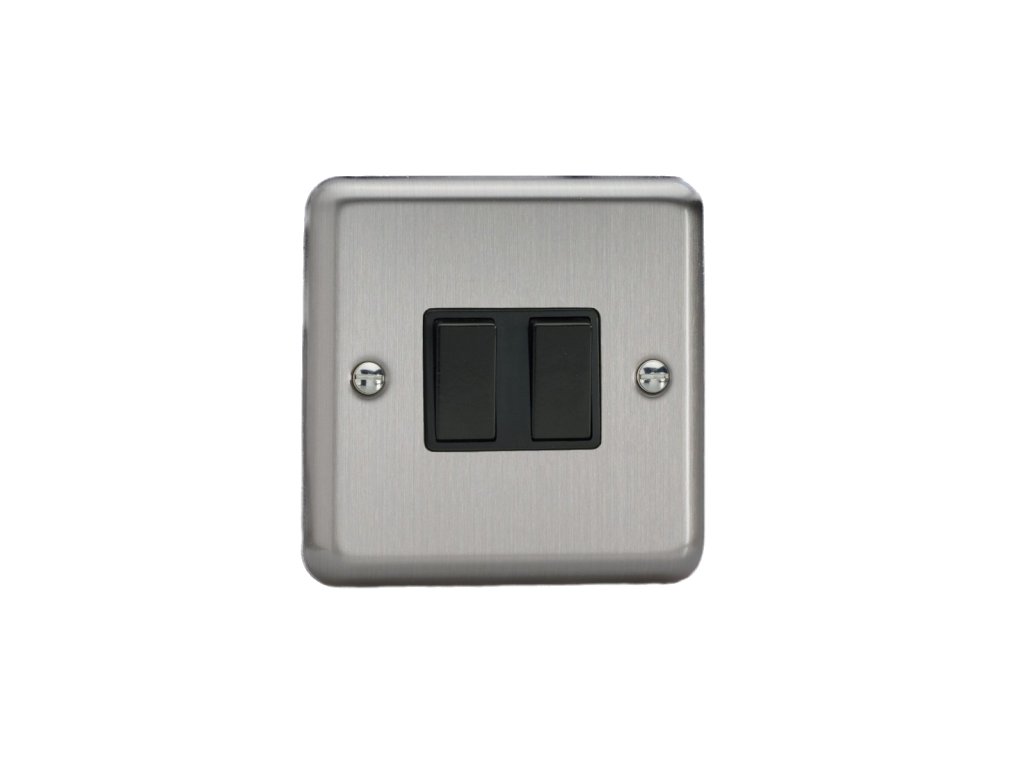 Designový vypínač Kolébkový vypínač ROCKER - 2-modulový schodišťový (č.6); jednosměrný (č.1) 10A 1-pólový KLASICKÉ - matně chromová / černé kolébky, XS2B