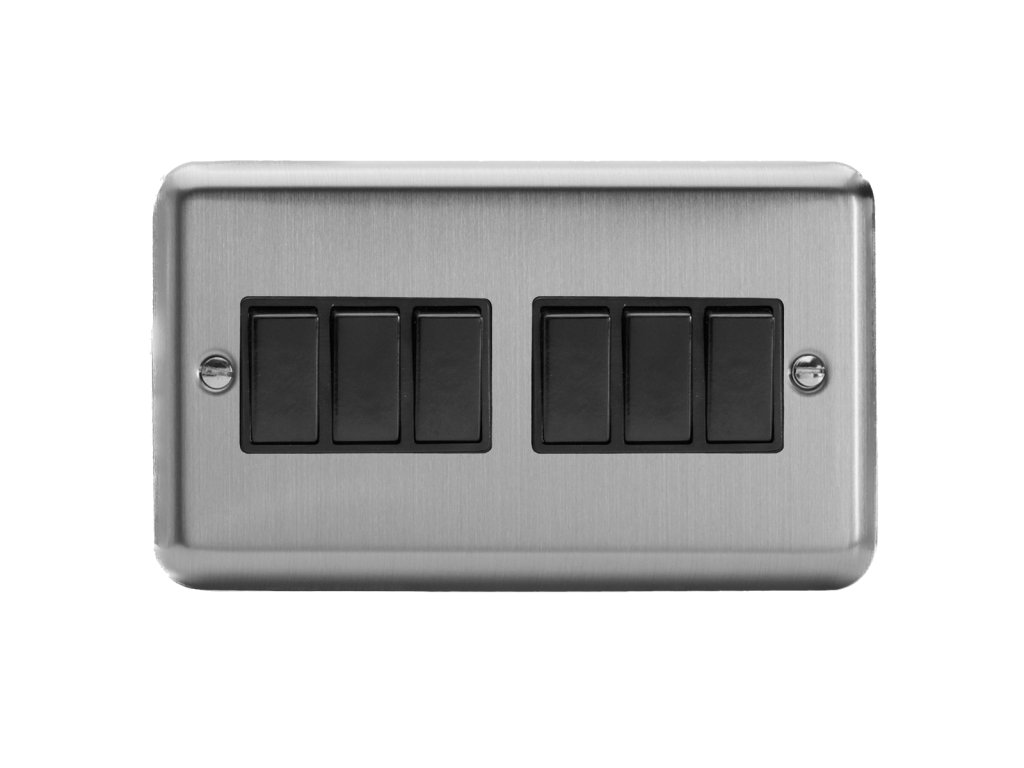 Designový vypínač Kolébkový vypínač ROCKER - 6-modulový schodišťový (č.6); jednosměrný (č.1) 10A 1-pólový KLASICKÉ - matně chromová / černé kolébky, XS96B