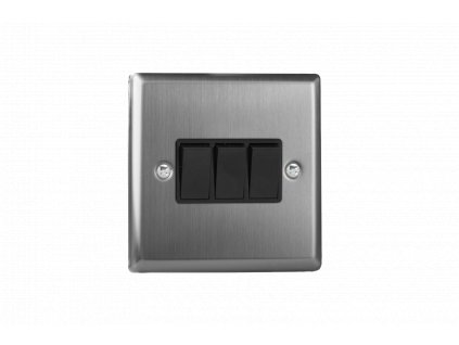 Designový vypínač Kolébkový vypínač ROCKER - 3-modulový schodišťový (č.6); jednosměrný (č.1) 10A 1-pólový KLASICKÉ - kartáčovaná ocel / černé kolébky, XT3B