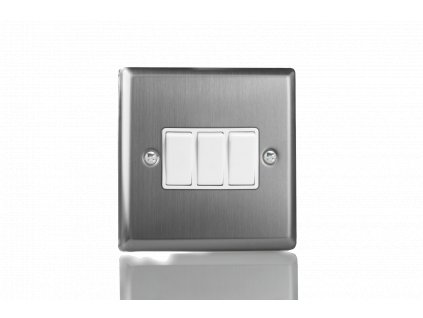 Designový vypínač Kolébkový vypínač ROCKER - 3-modulový schodišťový (č.6); jednosměrný (č.1) 10A 1-pólový KLASICKÉ - kartáčovaná ocel / bílé kolébky, XT3W
