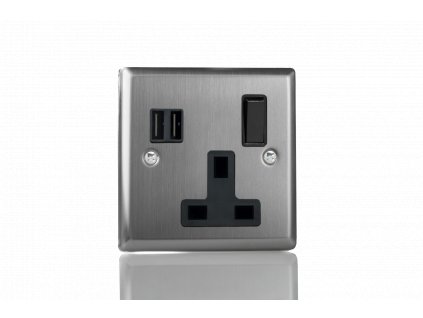 Designová zásuvka Síťová zásuvka MAINS SOCKET - 1-modulový 13A 1-pólový britská zásuvka KLASICKÉ - kartáčovaná ocel / černý, XT4U2SB