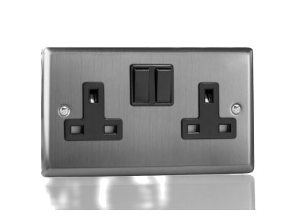 Designová zásuvka Síťová zásuvka MAINS SOCKET - 2-modulový 13A 2-pólový britská zásuvka KLASICKÉ - kartáčovaná ocel / černý, XT5B