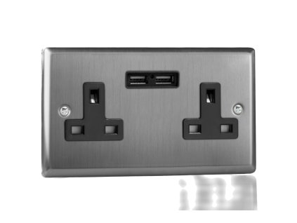 Designová zásuvka Síťová zásuvka MAINS SOCKET - 2-modulový 13A britská zásuvka KLASICKÉ - kartáčovaná ocel / černý, XT5U2B