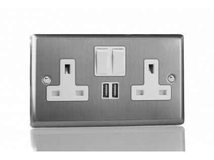 Designová zásuvka Síťová zásuvka MAINS SOCKET - 2-modulový 13A 1-pólový britská zásuvka KLASICKÉ - kartáčovaná ocel / bílá, XT5U2SW