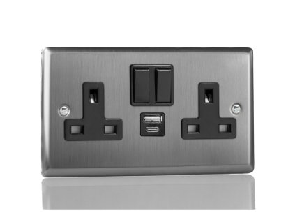 Designová zásuvka Síťová zásuvka MAINS SOCKET - 2-modulový 20 W USB 13A 1-pólový britská zásuvka KLASICKÉ - kartáčovaná ocel / černý, XT5UACB