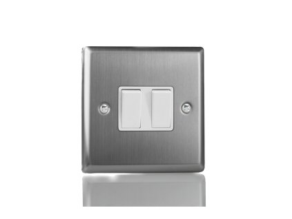 Designový vypínač Kolébkový vypínač ROCKER - 2-modulový schodišťový (č.6); jednosměrný (č.1) 10A 1-pólový KLASICKÉ - kartáčovaná ocel / bílé kolébky, XT2W