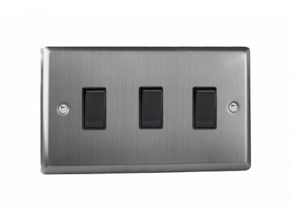 Designový vypínač Kolébkový vypínač ROCKER - 3-modulový schodišťový (č.6); jednosměrný (č.1) 10A 1-pólový KLASICKÉ - kartáčovaná ocel / černé kolébky, XT93B