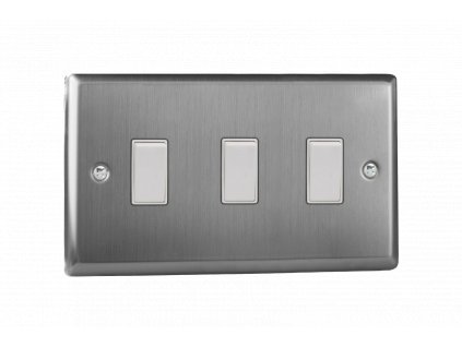 Designový vypínač Kolébkový vypínač ROCKER - 3-modulový schodišťový (č.6); jednosměrný (č.1) 10A 1-pólový KLASICKÉ - kartáčovaná ocel / bílé kolébky, XT93W