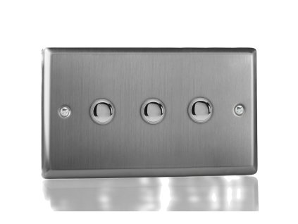 Designový vypínač Tlačítkový vypínač IMPULSE - 3-modulový schodišťový (č.6); jednosměrný (č.1) 6A 1-pólový KLASICKÉ - kartáčovaná ocel / ocelová tlačítka, XTP3