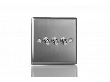 Designový vypínač Páčkový vypínač TOGGLE - 3-modulový schodišťový (č.6); jednosměrný (č.1) 10A 1-pólový KLASICKÉ - kartáčovaná ocel / ocelové páčky, XTT3