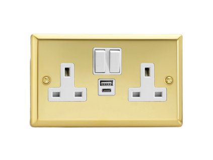 Designová zásuvka Síťová zásuvka MAINS SOCKET - 2-modulový 20 W USB 13A 1-pólový britská zásuvka KLASICKÉ - leštěná mosaz / bílá, XV5UACW