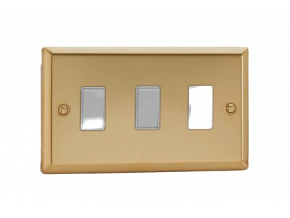 Designový vypínač Kolébkový vypínač ROCKER - 3-modulový schodišťový (č.6); jednosměrný (č.1) 10A 1-pólový KLASICKÉ - leštěná mosaz / bílé kolébky, XV93W