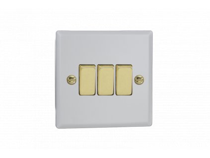 Designový vypínač Kolébkový vypínač ROCKER - 3-modulový schodišťový (č.6); jednosměrný (č.1) 10A 1-pólový KLASICKÉ - matně bílá / leštěná mosaz, XY3V.MW