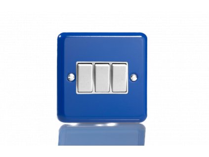 Designový vypínač Kolébkový vypínač ROCKER - 3-modulový schodišťový (č.6); jednosměrný (č.1) 10A 1-pólový KLASICKÉ - reflexní modrá / bílé kolébky, XY3W.RB