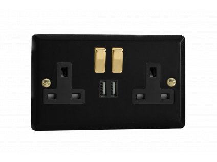Designová zásuvka Síťová zásuvka MAINS SOCKET - 2-modulový 13A 1-pólový britská zásuvka KLASICKÉ - matně černá / leštěná mosaz, XY5U2SVB.MB
