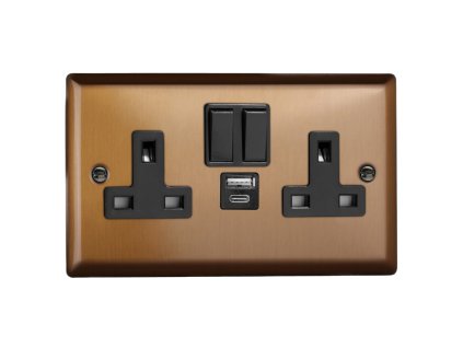 Designová zásuvka Síťová zásuvka MAINS SOCKET - 2-modulový 20 W USB 13A 1-pólový britská zásuvka KLASICKÉ - kartáčovaný bronz / černý, XY5UACB.BZ