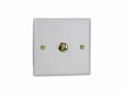 Designový vypínaè Páèkový vypínaè TOGGLE - 1-modulový schodiový (è.6); jednosmìrný (è.1) 10A 1-pólový KLASICKÉ - matnì bílá / letìná mosaz, XYT1V.MW