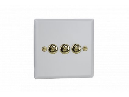 Designový vypínač Páčkový vypínač TOGGLE - 3-modulový schodišťový (č.6); jednosměrný (č.1) 10A 1-pólový KLASICKÉ - matně bílá / leštěná mosaz, XYT3V.MW