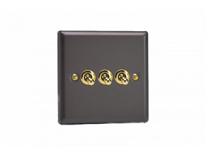 Designový vypínač Páčkový vypínač TOGGLE - 3-modulový schodišťový (č.6); jednosměrný (č.1) 10A 1-pólový KLASICKÉ - břidlice / mosaz, XYT3V.SL